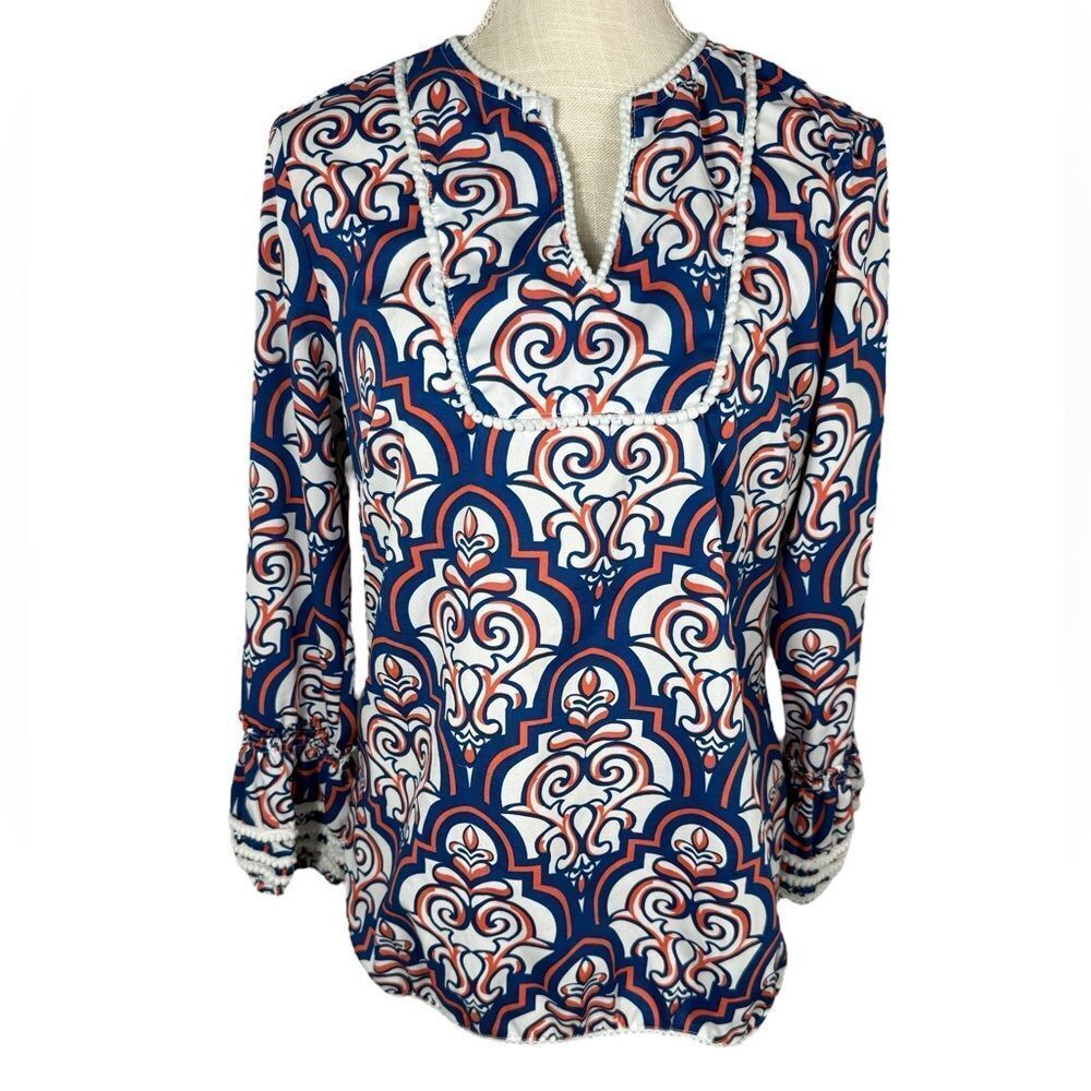 Almatrichi Madrid Spain Blue & Orange Gorgeous 3/4 Sleeve Tunic Top